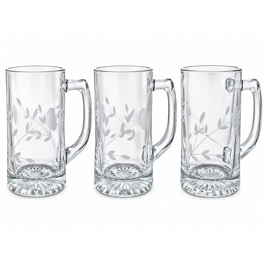 Princess House Heritage Etched Glass Beer Mugs Set of 3 Floral Pattern Steins